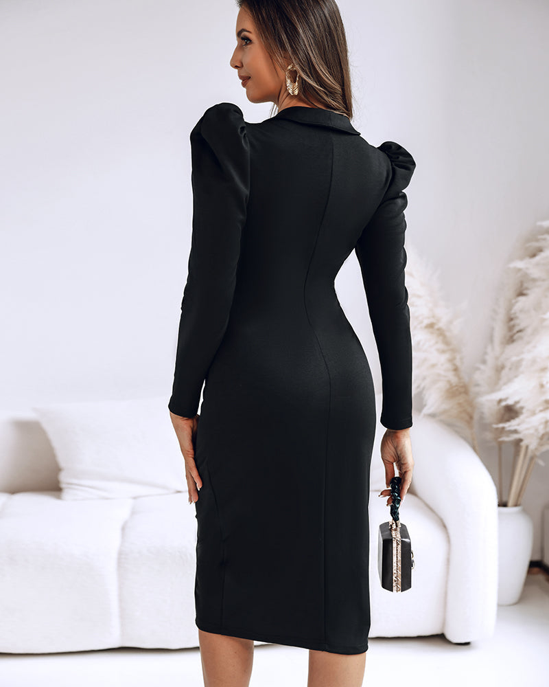 Deep V Neck Puff Sleeve Waist Multi Metal Buckle Decor Slit Dress Casual Zipper Front Commuting Dress