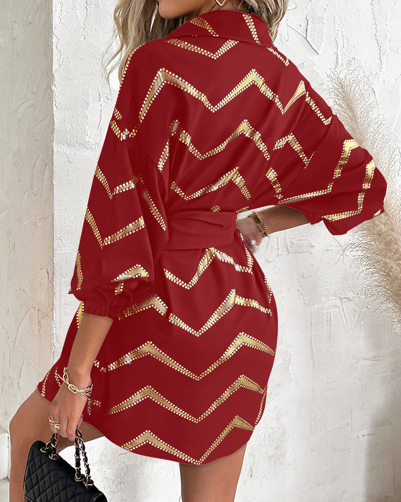 Bronzing Chevron Print Turn-down Collar Tied Detail Shirt Dress