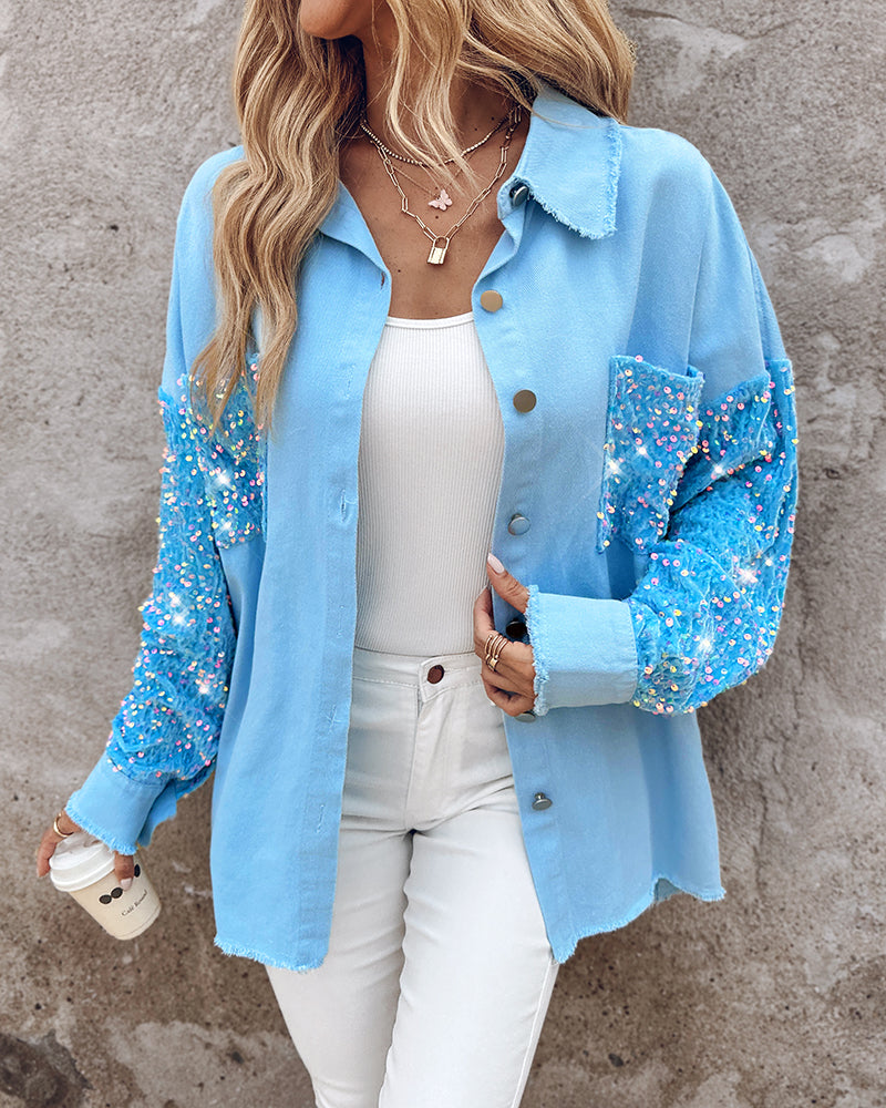 Casual Jacket Sequin Patchwork Long Sleeve Jacket Top Button Front Raw Hem Oversized Denim Shacket