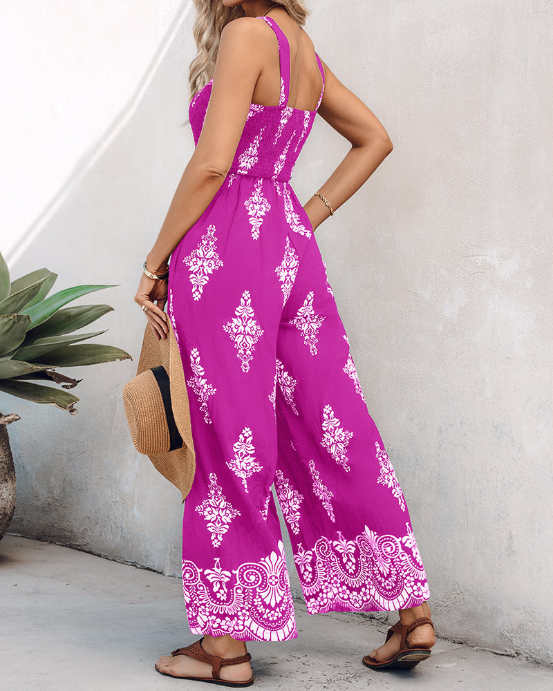 Graphic Print Square Neck Thick Strap Shirred Jumpsuit Wide Leg Overalls with Pockets