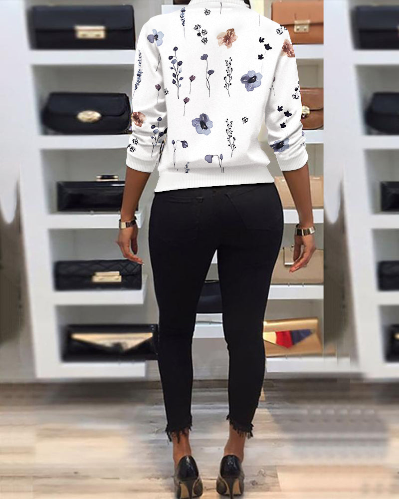 Plants Print Long Sleeve Casual Zipper Baseball Coat