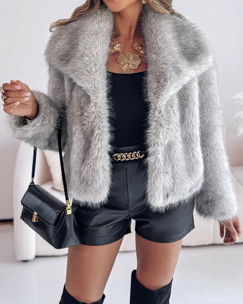 Turn-down Collar Long Sleeve Faux Fur Coat Jacket Casual Warm Fluffy Cropped Coat