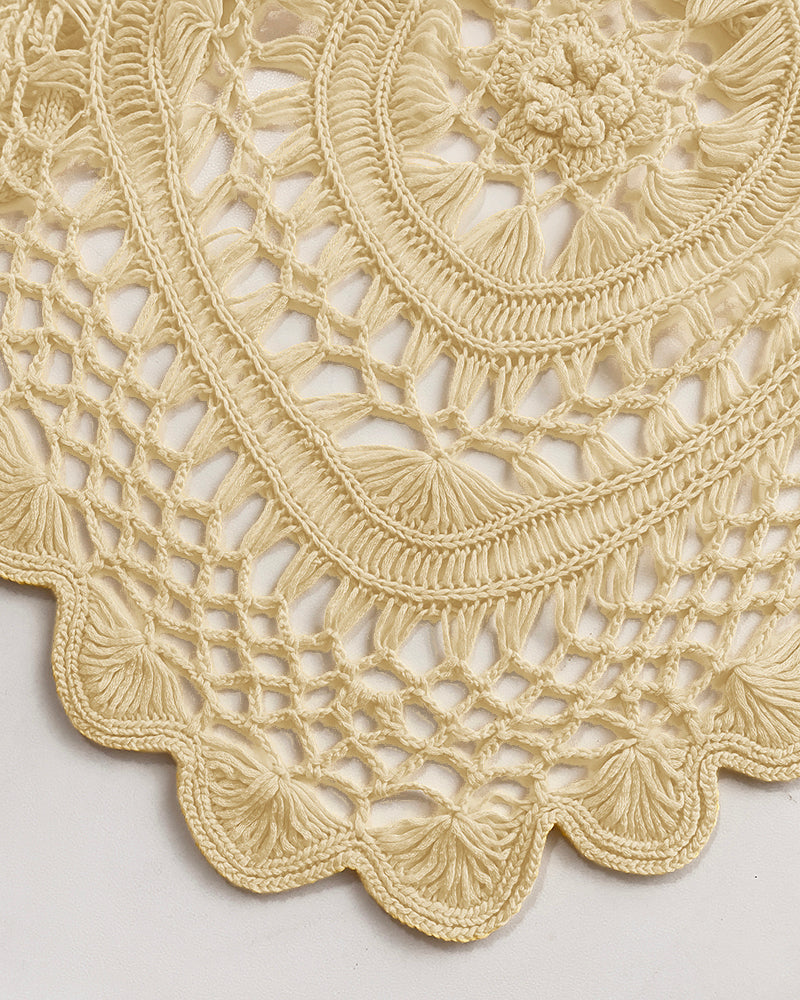 Boat Neck Batwing Sleeve Hollow-out Casual Top Asymmetrical Scallop Hem Crochet Pattern Cover Up