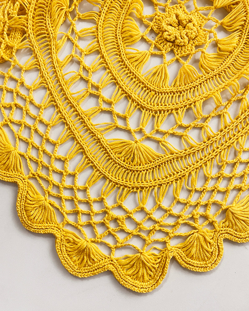 Boat Neck Batwing Sleeve Hollow-out Casual Top Asymmetrical Scallop Hem Crochet Pattern Cover Up