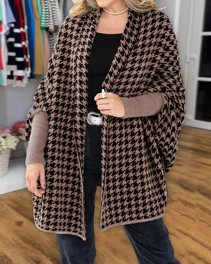 Houndstooth Print Versatile Loose Fit Sweater Coat Casual Warm Cape Shawl