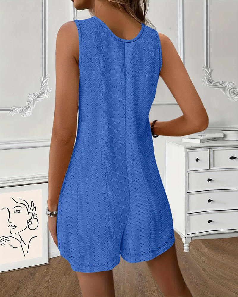 U-Neck Sleeveless Hollow-out Jacquard Textured Romper Casual Half Button Front Pockets Design Romper with Lining