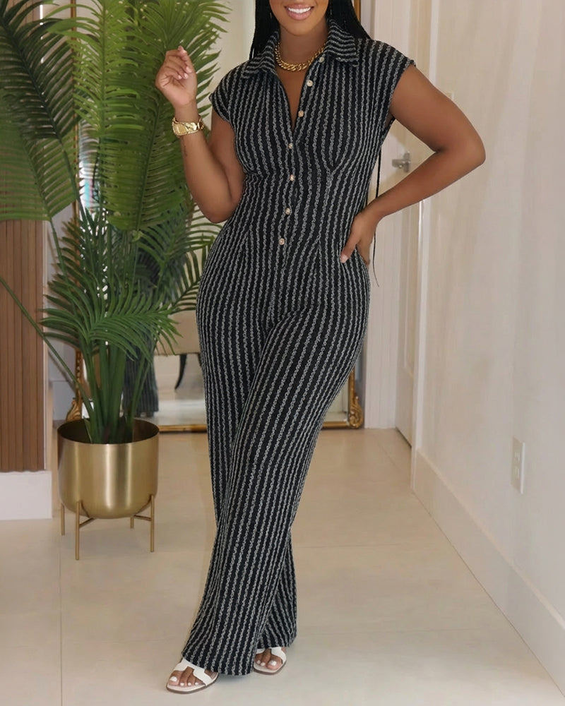 Turn-down Collar Cap Sleeve Button Front Pleated Ribbed Overalls Casual Open Back Wide Leg Elastic Back Waist Jumpsuit