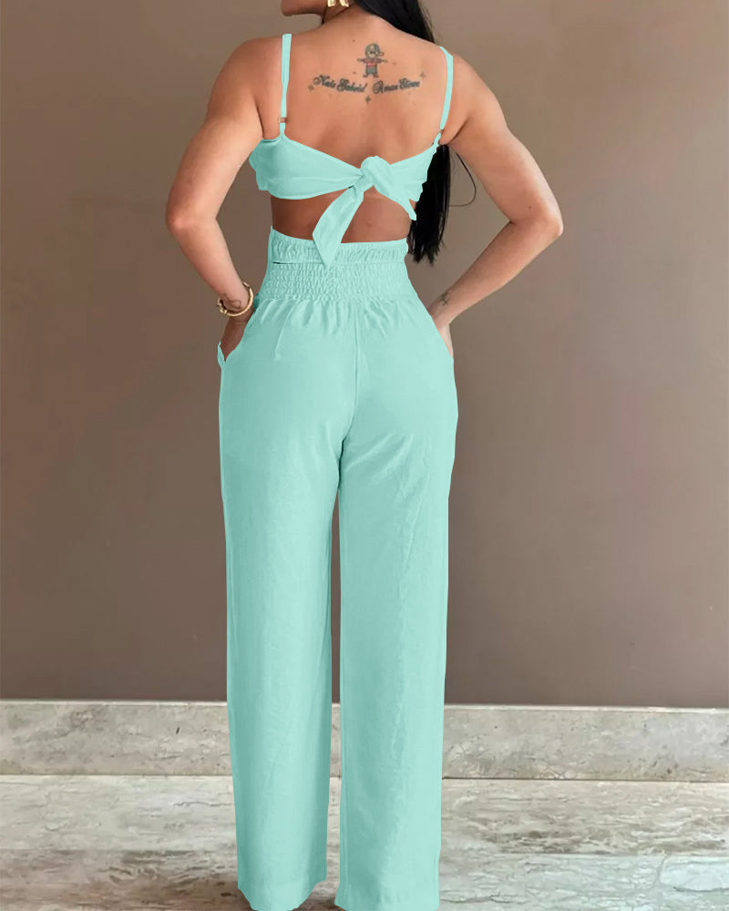 Floral Pattern Hollow Out Pocket Design Jumpsuit