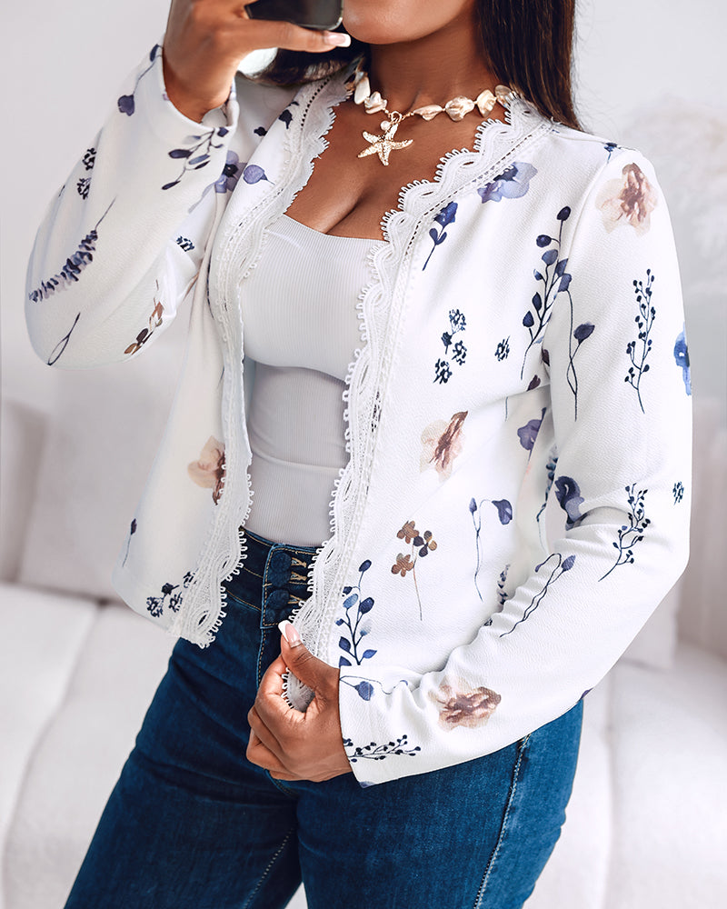 Floral Print Open Front Long Sleeve Casual Contrast Lace Short Cardigan