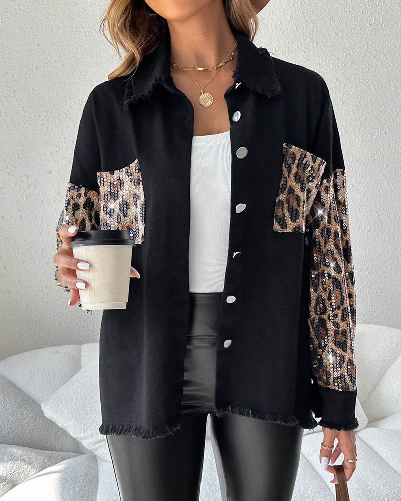 Contrast Leopard Sequin Patchwork Long Sleeve Jacket Top Button Front Raw Hem Shacket