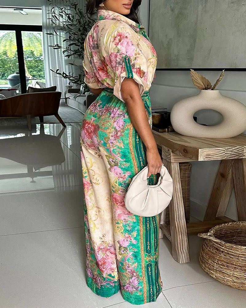 Vintage Floral Print Turn-down Collar Roll Up Sleeve Button Front Overalls Casual Drawstring Stretchy Waist Wide Leg Vacation Jumpsuit