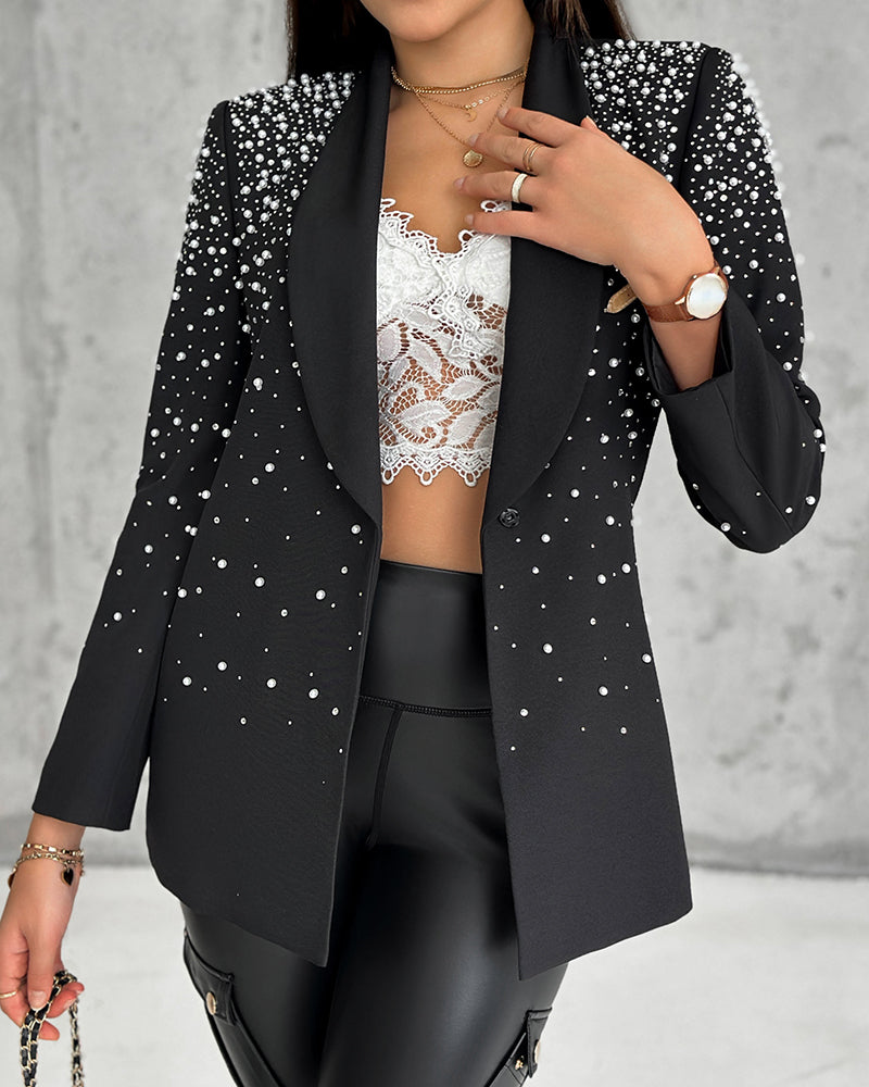 Rhinestone & Pearls Decor Shawl Collar Long Sleeve Blazer Coat