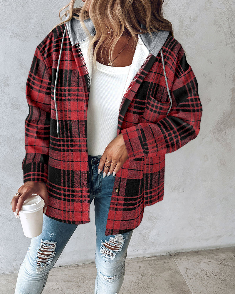 Plaid Print Button Front Pocket Design Drawstring Hoodie Jacket Casual Asymmetrical Hem Thermal Lined Warm Coat