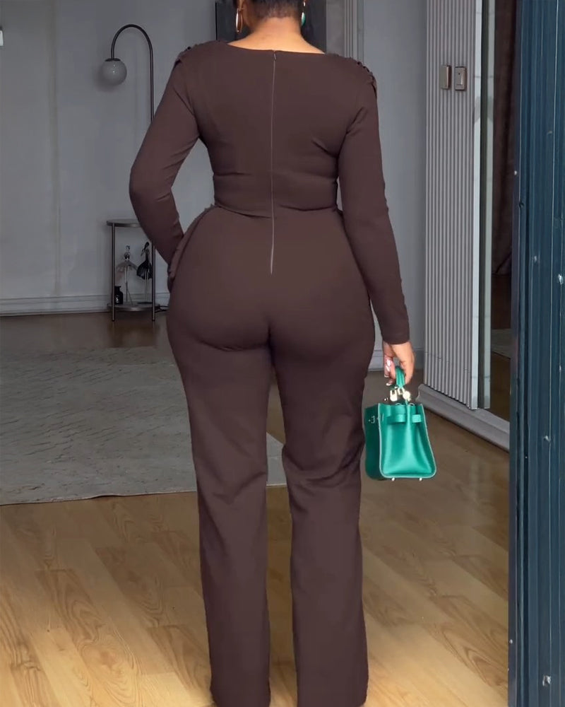 Cowl Neck Asymmetrical Textured Patchwork Cinched Waist Jumpsuit Casual Zipper Back Wide Leg Jumpsuit