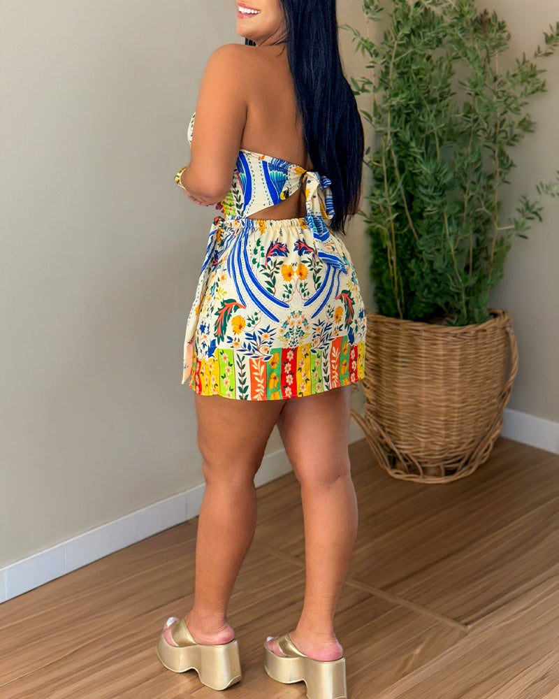 Tropical Floral Print Halter Tie Backless Tie Back Romper Casual Elastic Back Waist Wrap Front Tie Side Skorts Romper