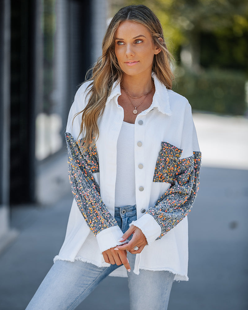 Casual Jacket Sequin Patchwork Long Sleeve Jacket Top Button Front Raw Hem Oversized Denim Shacket