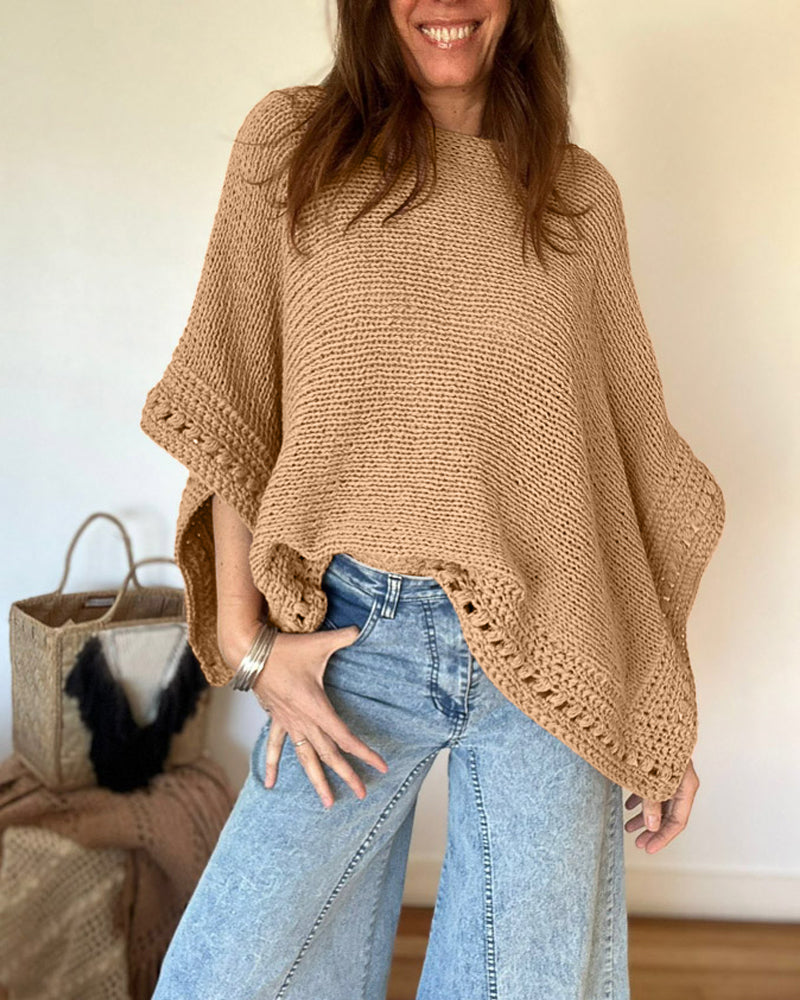 Solid Batwing Sleeve Hollow Out Crochet Pattern Top Casual Cover Up