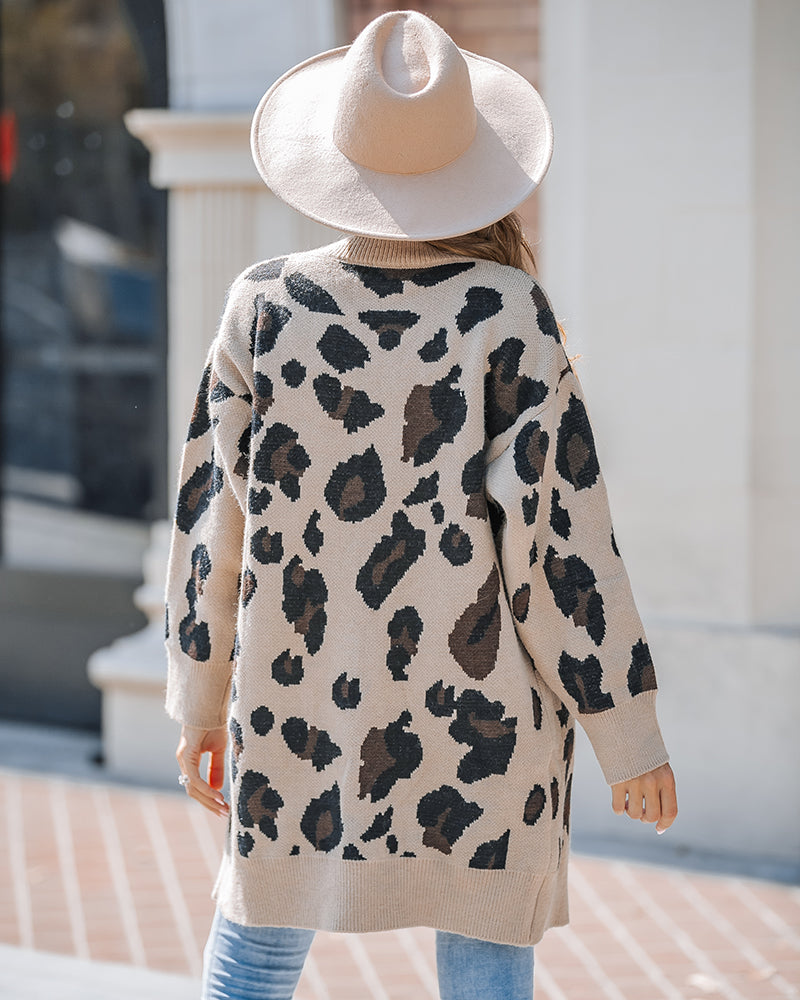 Leopard Pattern Longline Knit Cardigan Open Front Sweater
