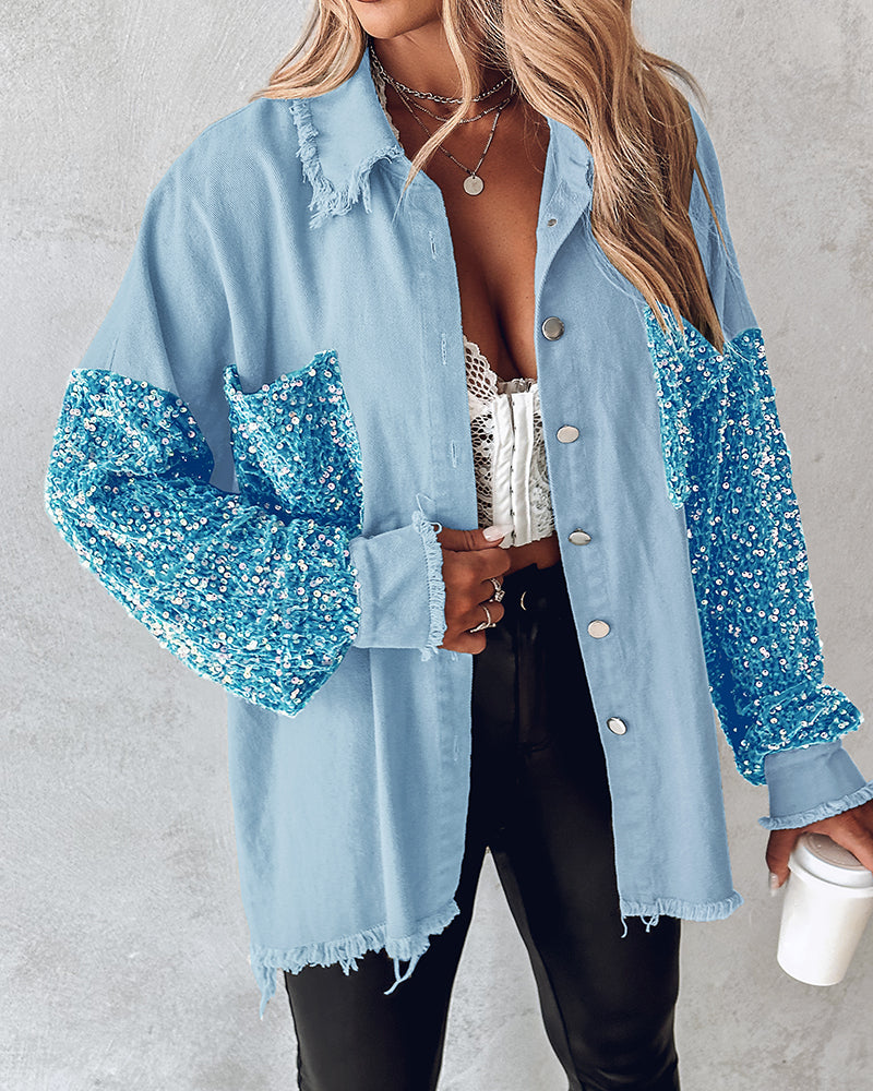 Casual Jacket Sequin Patchwork Long Sleeve Jacket Top Button Front Raw Hem Oversized Denim Shacket