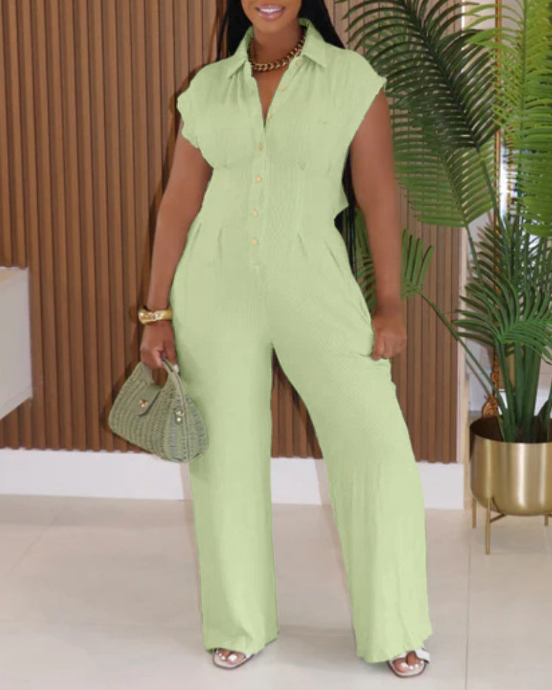 Turn-down Collar Cap Sleeve Button Front Pleated Ribbed Overalls Casual Open Back Wide Leg Elastic Back Waist Jumpsuit