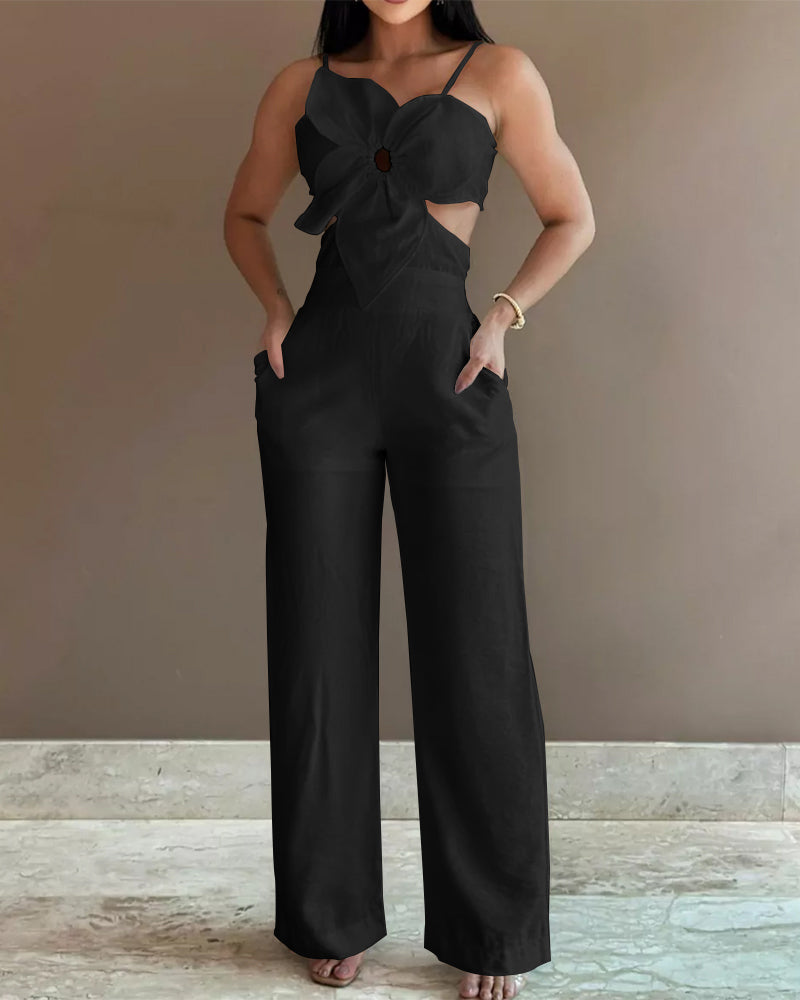 Floral Pattern Hollow Out Pocket Design Jumpsuit