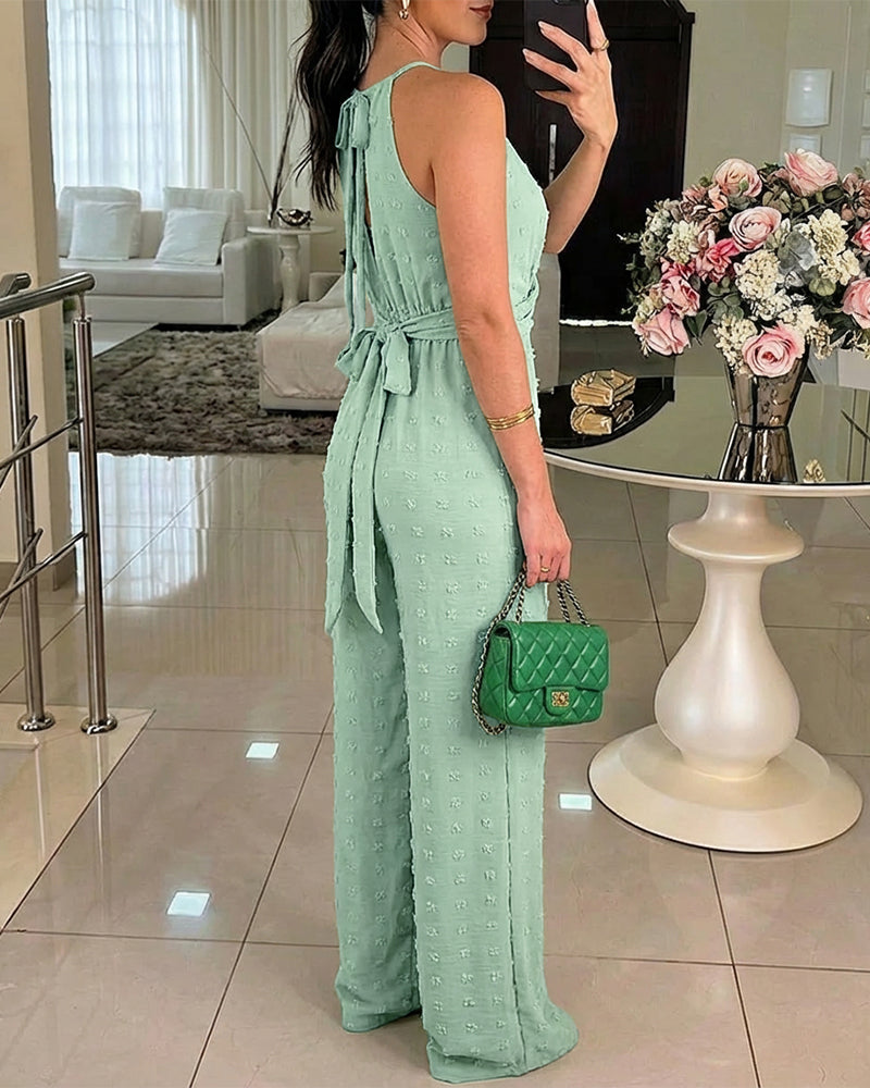 Allover 3D Decor Halter Tie Sleeveless Hollow-out Back Overalls Casual Criss Cross Front Tie Waist Wide Leg Textured Jumpsuit