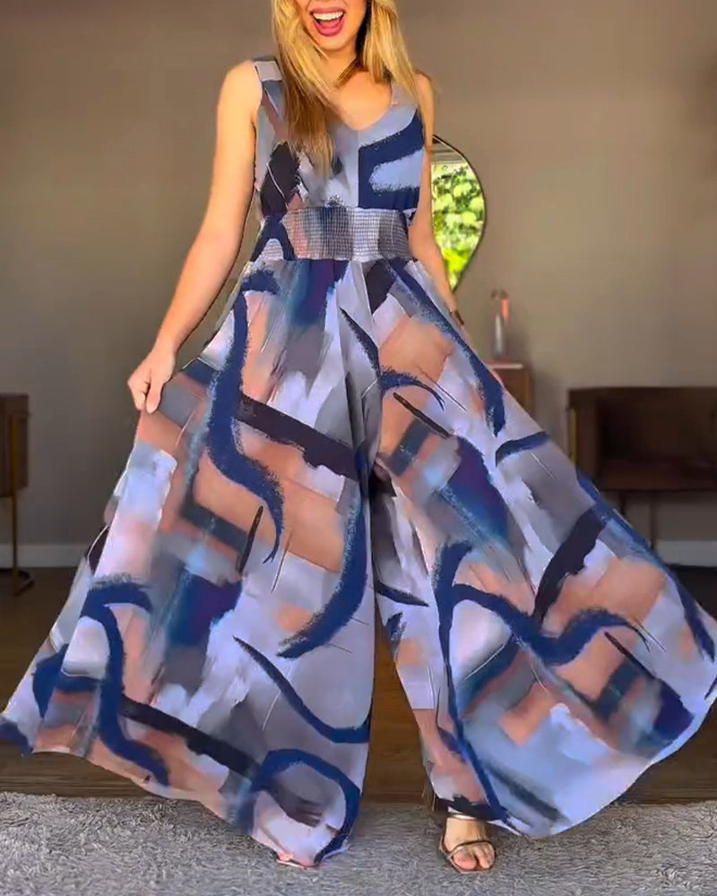 Vintage Abstract Oil Painting Print V-Neck Stretchy Thick Straps High Waist Backless Overalls Casual Shirred Waist Cinched Waist Wide Leg Jumpsuit