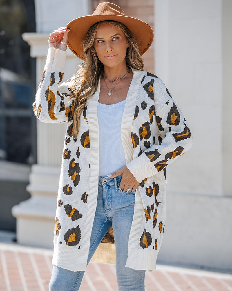 Leopard Pattern Longline Knit Cardigan Open Front Sweater