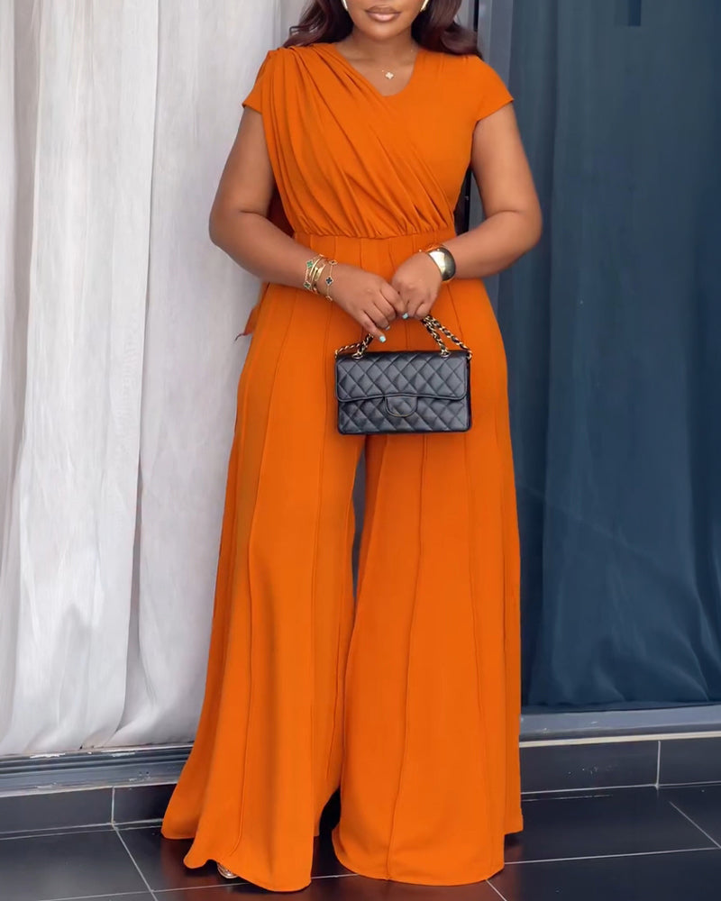 Asymmetrical Neck Short Sleeve Ruched Draped Zipper Back Overalls Casual Seam Design Wide Leg Jumpsuit