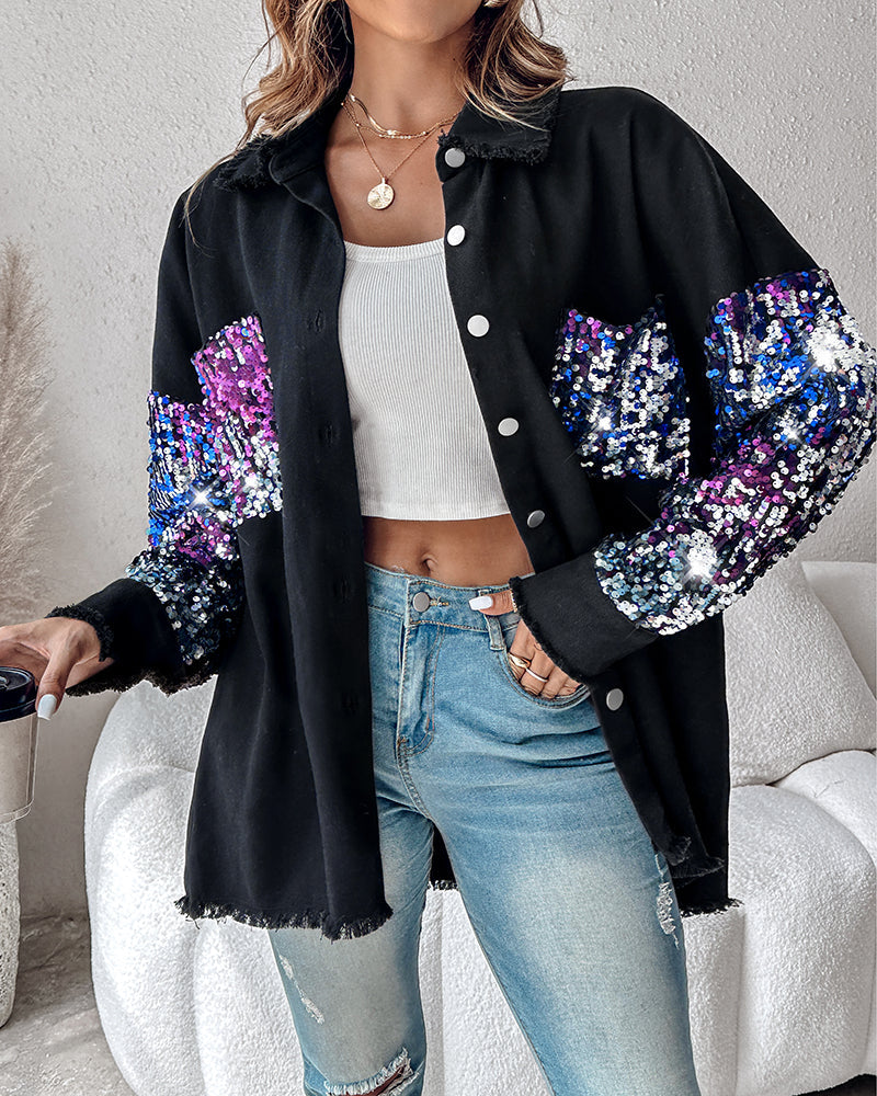 Colorblock Sequin Patchwork Long Sleeve Jacket Top Button Front Raw Hem Shacket