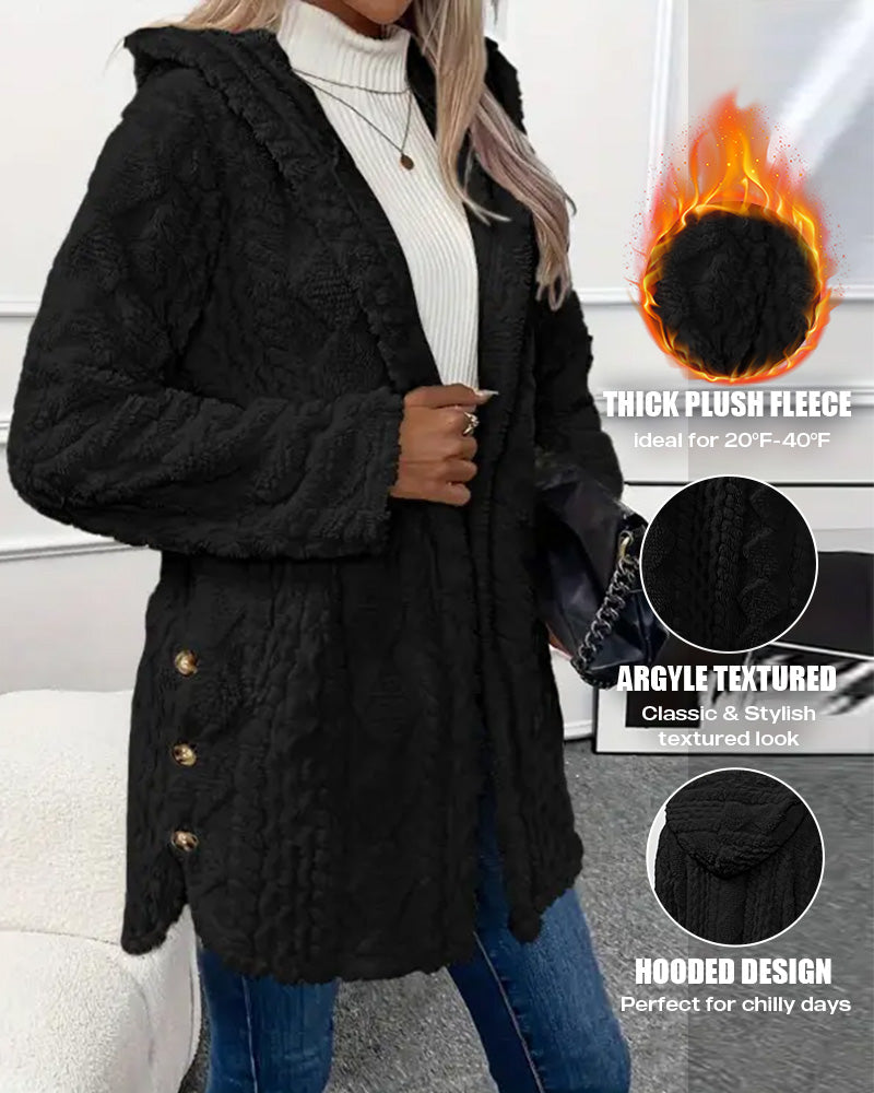 Argyle Textured Button Down Side Slit Long Sleeve Fleece Teddy Coat Hooded Jacket Warm Outwear