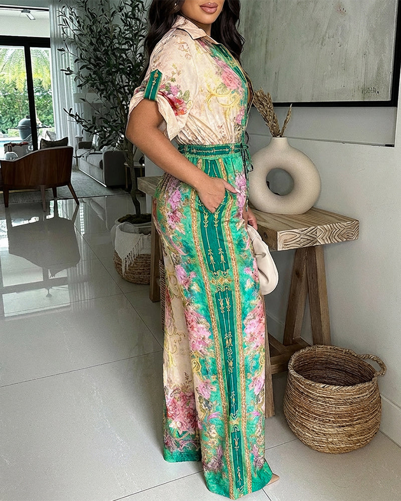 Vintage Floral Print Turn-down Collar Roll Up Sleeve Button Front Overalls Casual Drawstring Stretchy Waist Wide Leg Vacation Jumpsuit