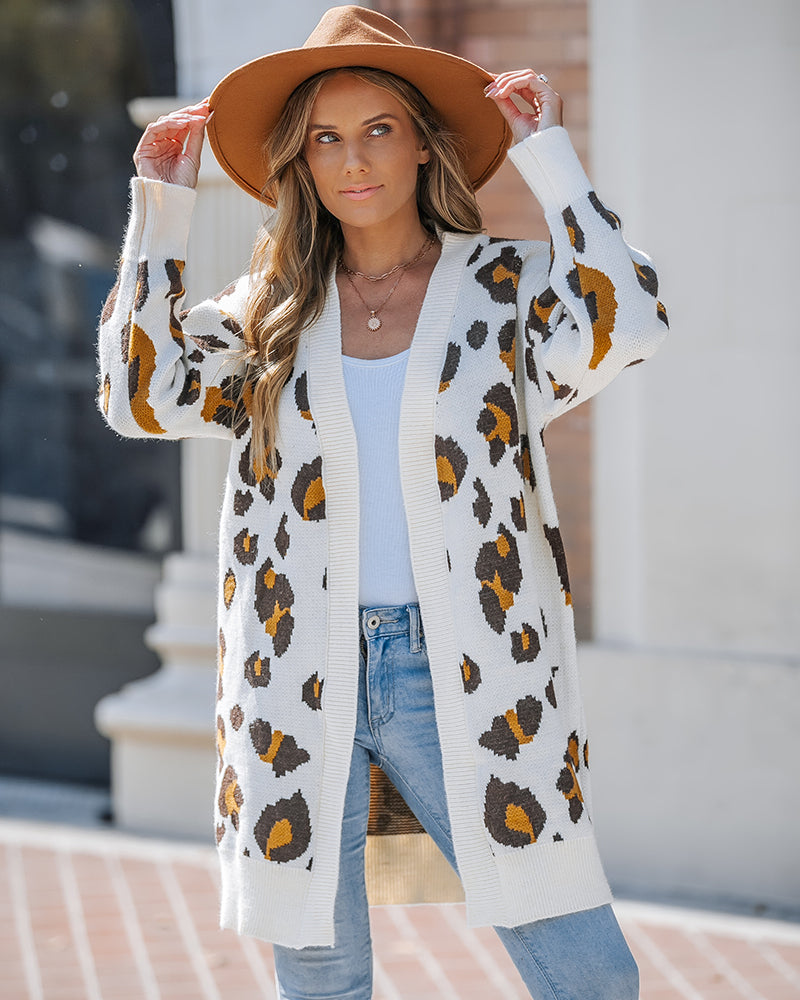 Leopard Pattern Longline Knit Cardigan Open Front Sweater