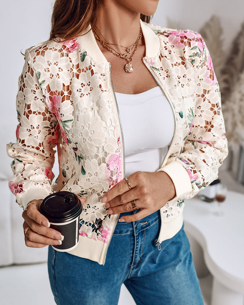 Floral Print Zip Up Water-Soluble Lace Baseball Coat Casual Hollow-out Bomber Crop Jacket