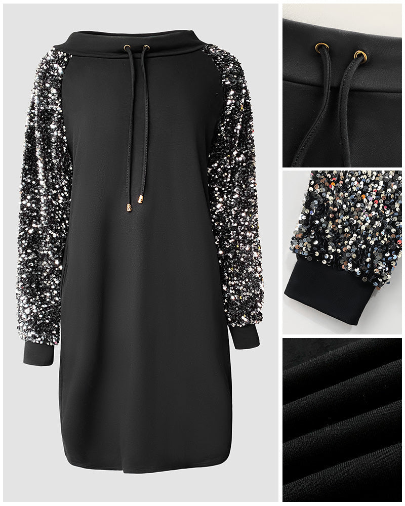 Stand Collar Sequin Long Sleeve Drawstring Casual Mini Straight Dress