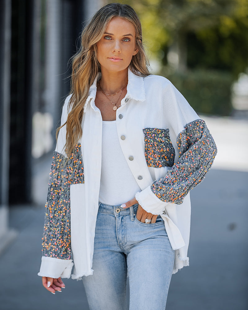 Casual Jacket Sequin Patchwork Long Sleeve Jacket Top Button Front Raw Hem Oversized Denim Shacket