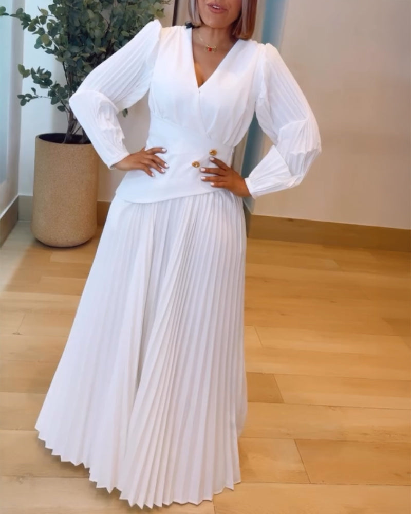 Button Decor Overlap V-Neck Pleated Puff Sleeve Zipper Side Commuting Dress Casual Cinched Waist Pleated Dress