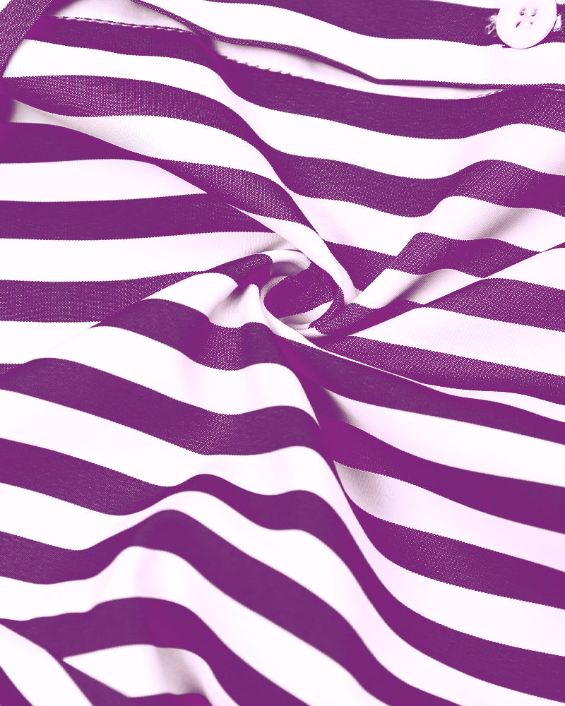 Striped Turn-down Collar Long Sleeve Dress Button Drwastring  Shirred Dress