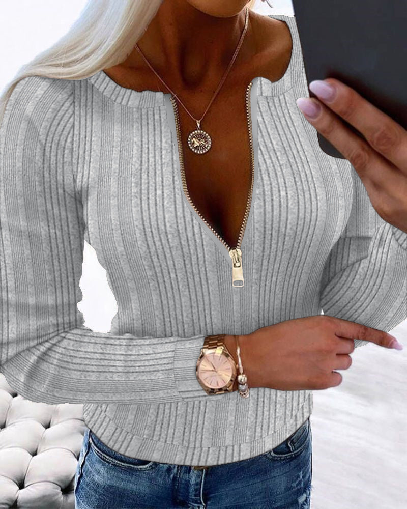 Crewneck Long Sleeve Ribbed Top Half Zipper Design Casual Pullover Tops