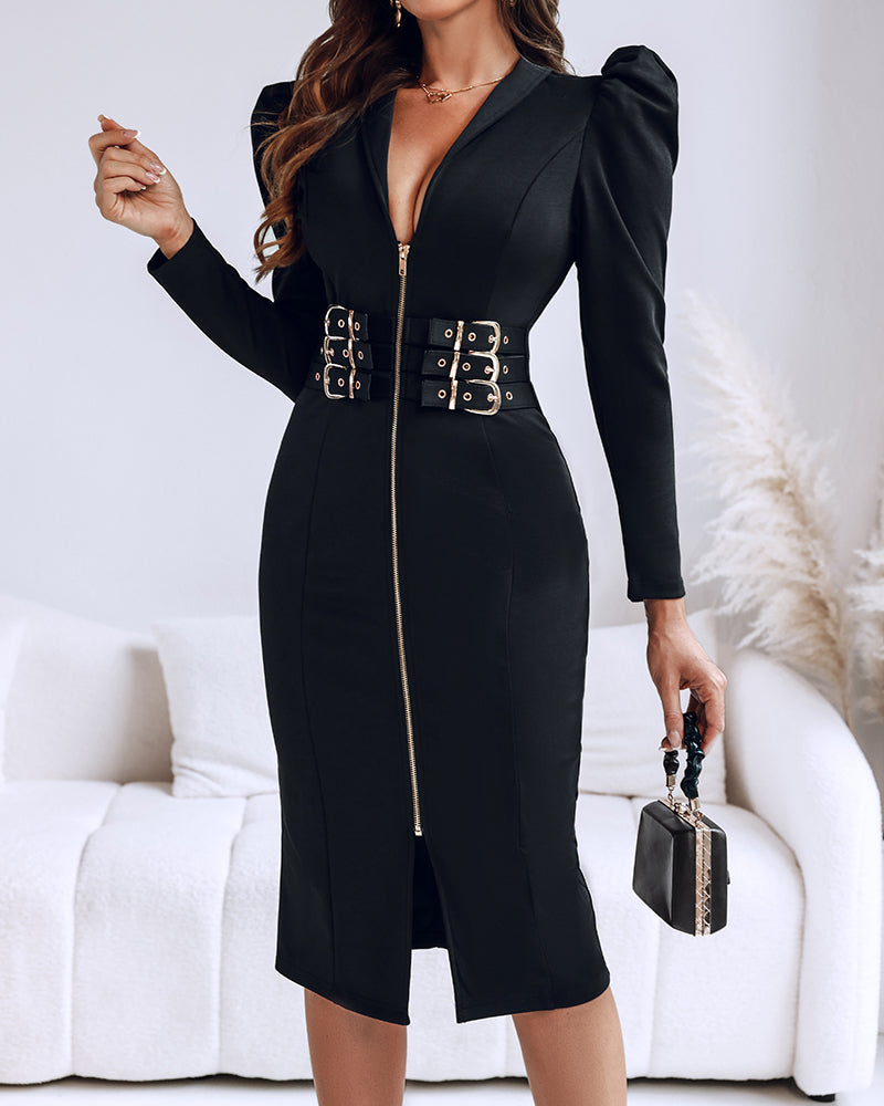 Deep V Neck Puff Sleeve Waist Multi Metal Buckle Decor Slit Dress Casual Zipper Front Commuting Dress