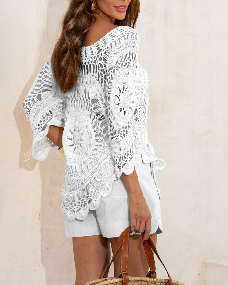 Boat Neck Batwing Sleeve Hollow-out Casual Top Asymmetrical Scallop Hem Crochet Pattern Cover Up