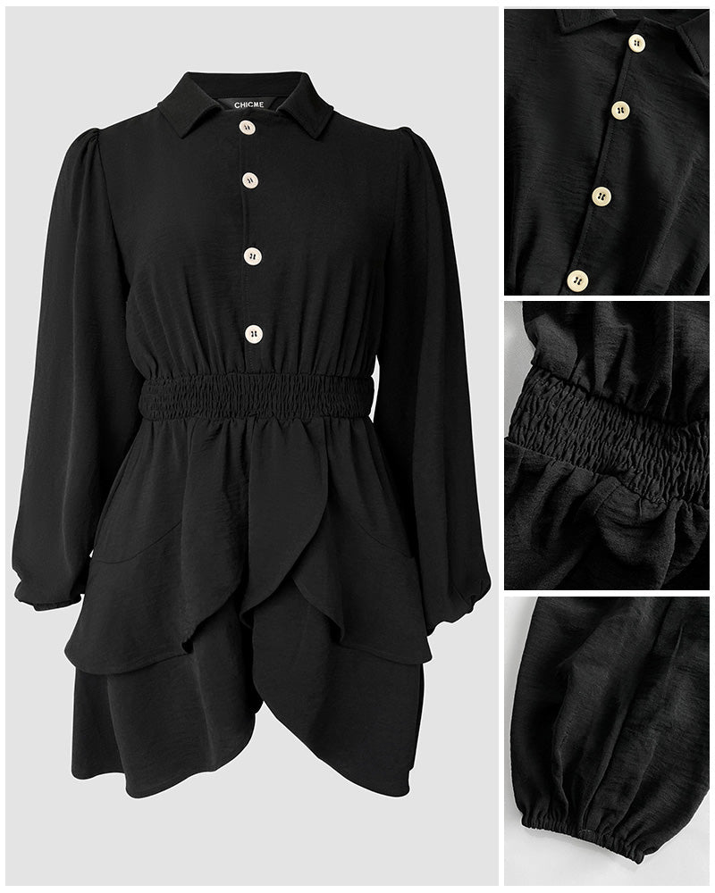 2 Pieces Outfit Notched Collar Lantern Sleeve Button Front Shirred Asymmetrical Ruffle Hem Top and Casual Elastic Waist Shorts Set With Belt