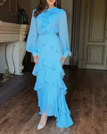 French Style Rhinestone Decor Ruffles Round Neck Lantern Sleeve Asymmetrical Hem Dress Zipper Back Layered Ruffle Hem Chiffon Evening Dress with Belt