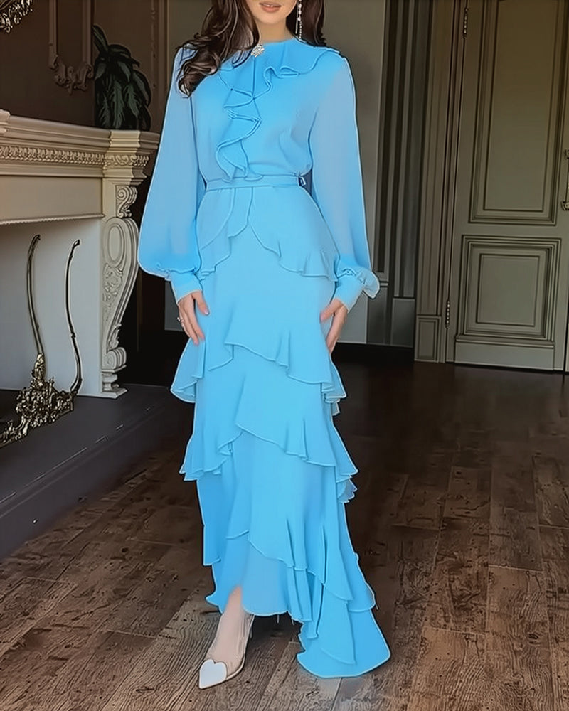 French Style Rhinestone Decor Ruffles Round Neck Lantern Sleeve Asymmetrical Hem Dress Zipper Back Layered Ruffle Hem Chiffon Evening Dress with Belt