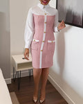 Single Breasted Decor Turn-down Collar Tweed Spliced 2 In 1 Midi Dress Zipper Back Slit Slim Fit Commuting Dress