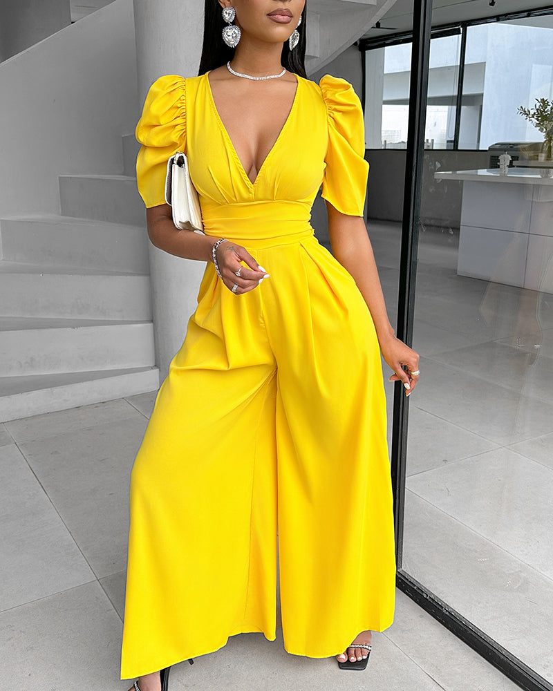 Puff Sleeve Plunge Wide Leg Jumpsuit