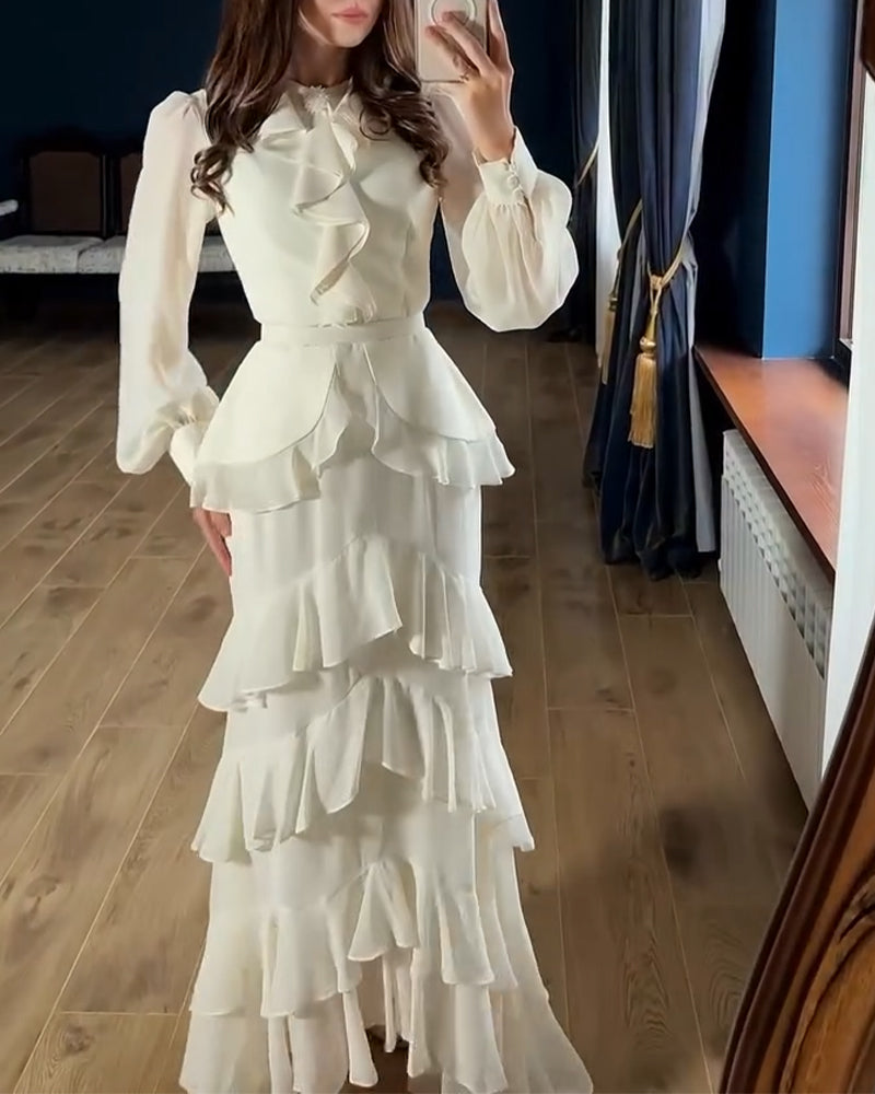 French Style Rhinestone Decor Ruffles Round Neck Lantern Sleeve Asymmetrical Hem Dress Zipper Back Layered Ruffle Hem Chiffon Evening Dress with Belt