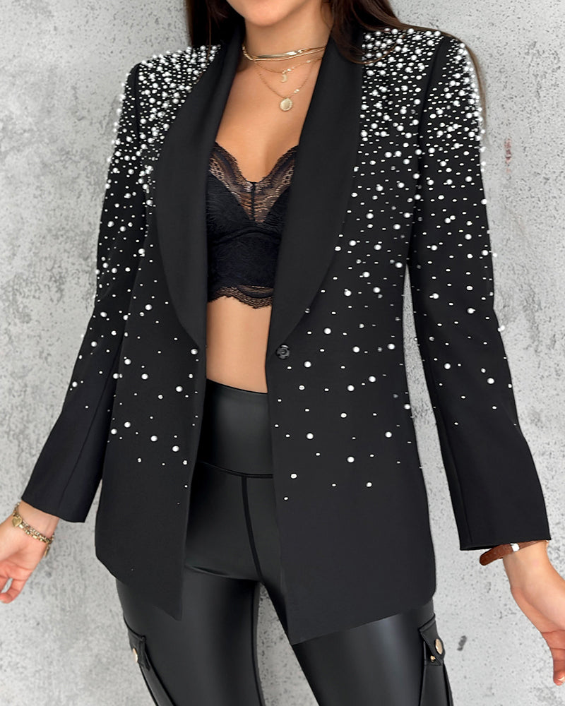 Rhinestone & Pearls Decor Shawl Collar Long Sleeve Blazer Coat