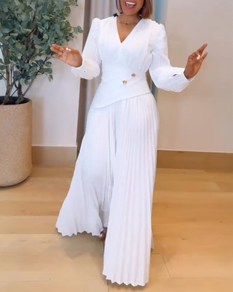 Button Decor Overlap V-Neck Pleated Puff Sleeve Zipper Side Commuting Dress Casual Cinched Waist Pleated Dress