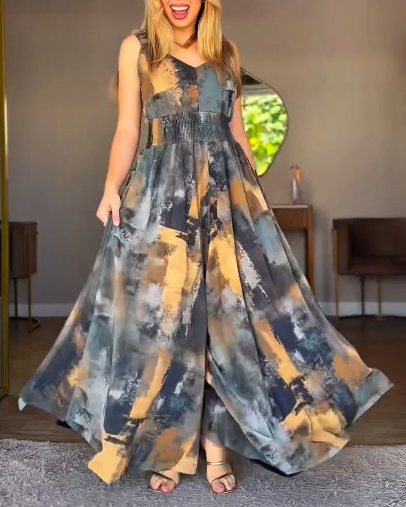 Abstract Oil Painting Print V-Neck Stretchy Thick Straps High Waist Backless Overalls Casual Shirred Waist Cinched Waist Wide Leg Jumpsuit